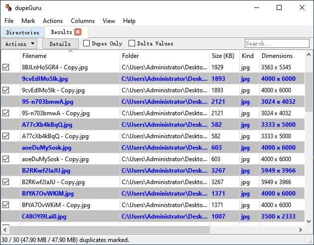 the Results tab showing groups of duplicate files