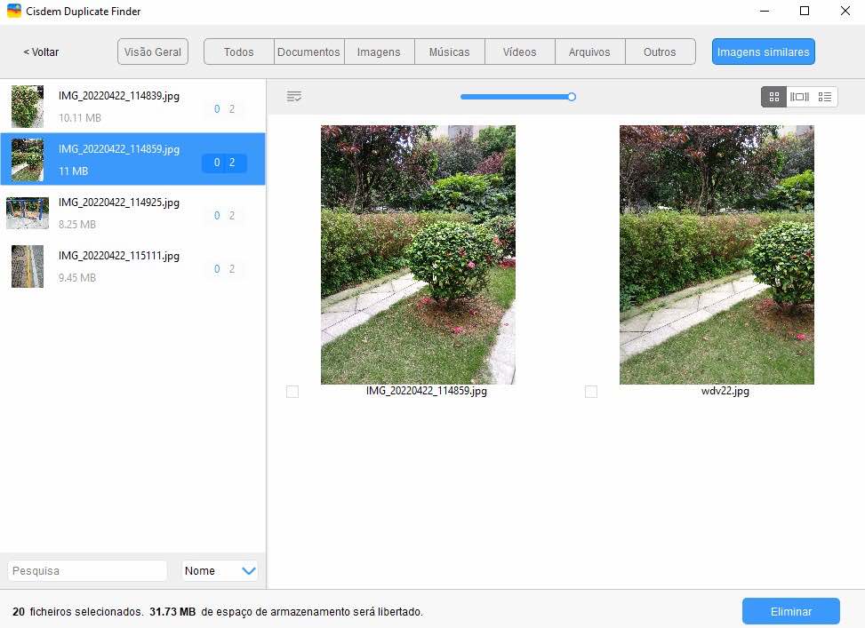 a guia Imagens Semelhantes exibindo imagens quase duplicadas