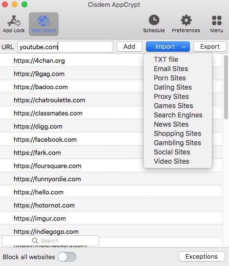 the Web Block tab showing a URL field, an Add button, an Import dropdown menu, and a list of websites