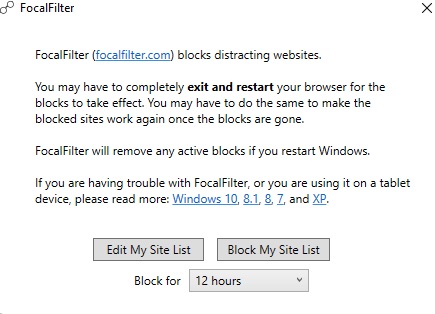 a window showing an Edit My Site List button, a Block My Site List button, and a Block for dropdown menu