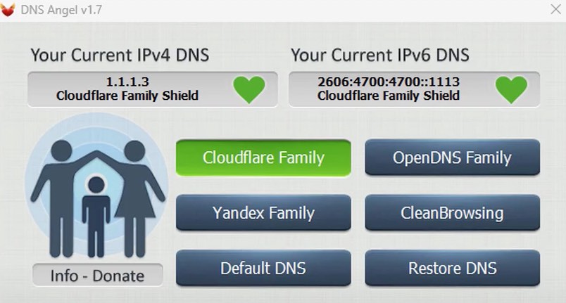 DNS Angel interface showing OpenDNS Family, among other options