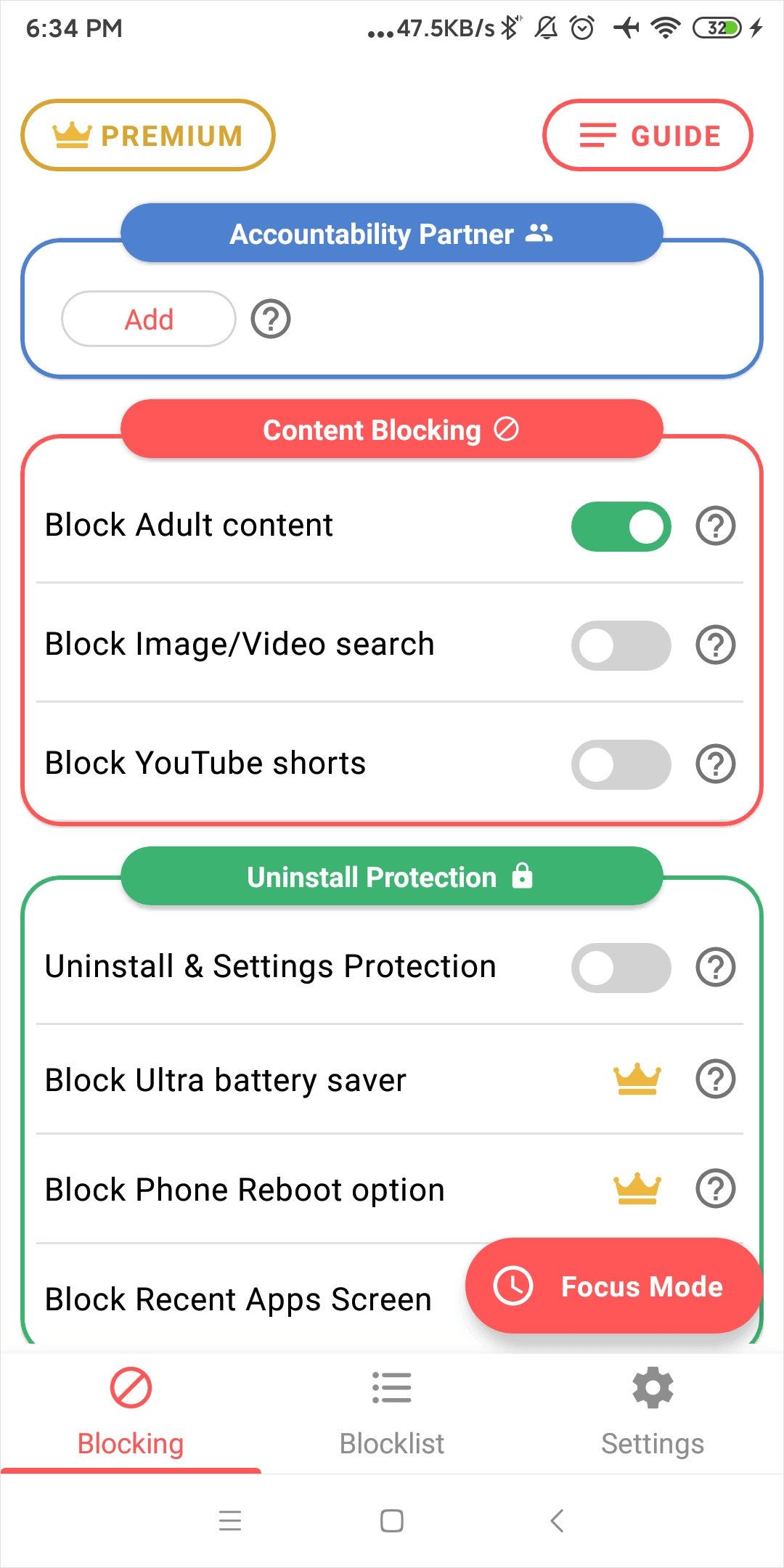 a phone screen showing a Accountability Partner section and a Content Blocking section, with the Block Adult content option turned on