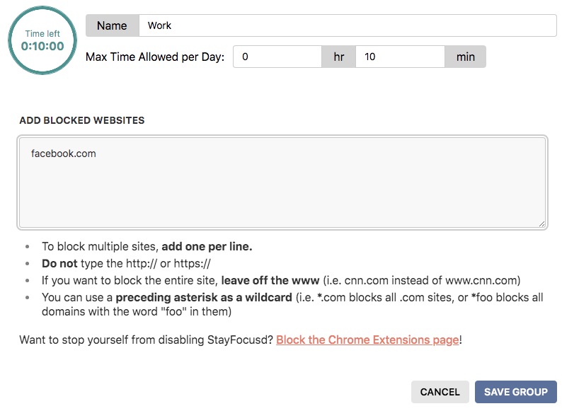 StayFocusd interface showing a box to add websites