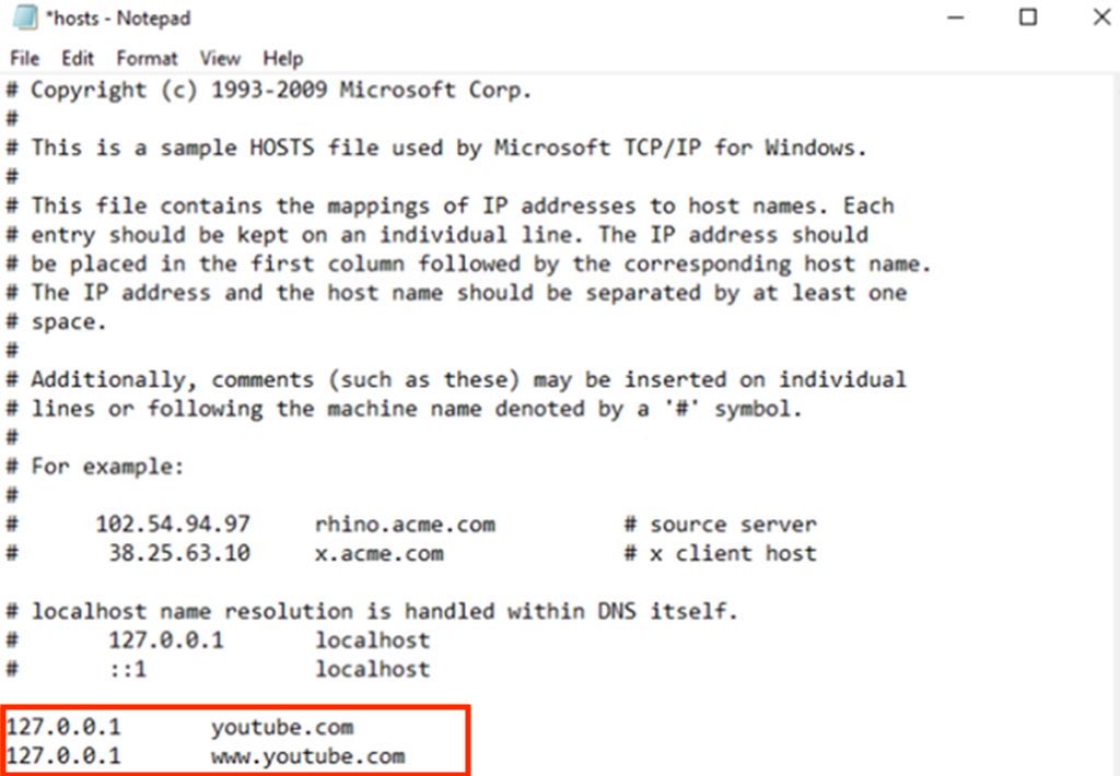 block YouTube website on Windows 10 via hosts file