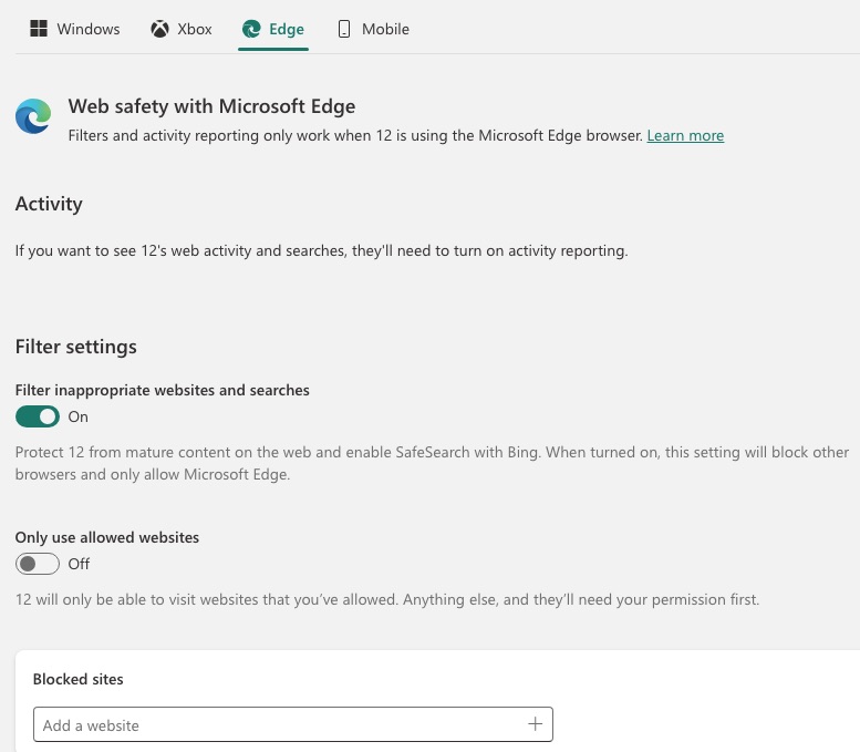 Family Safety blocked sites