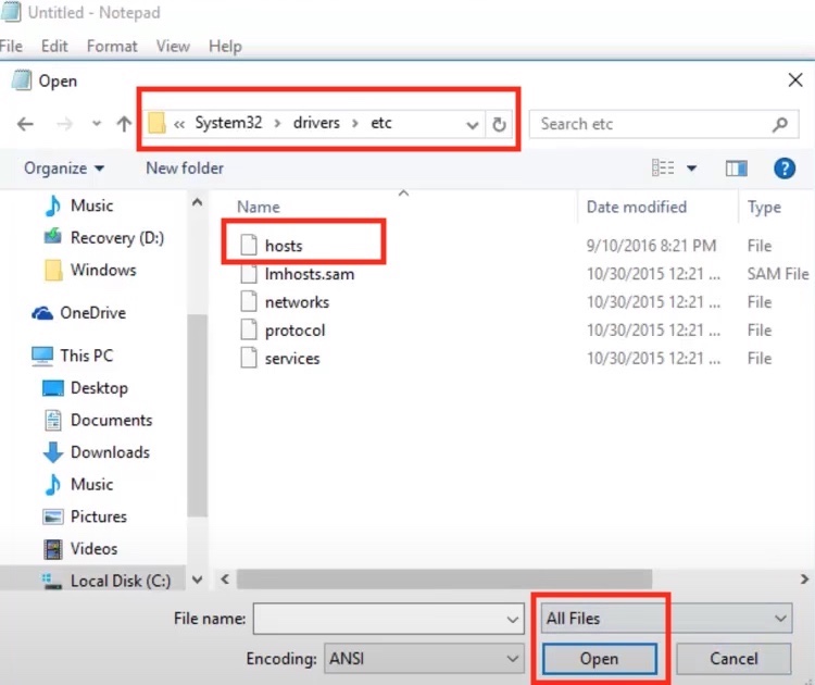 open hosts file using Notepad
