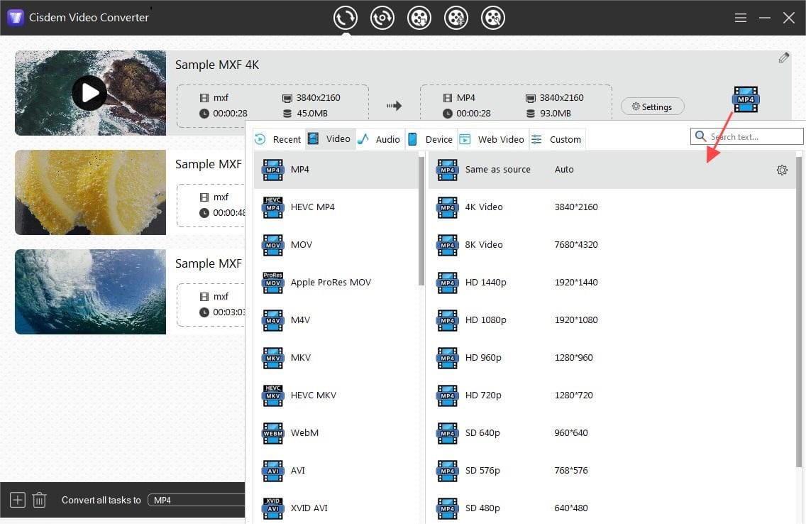 choose MP4 as the output settings