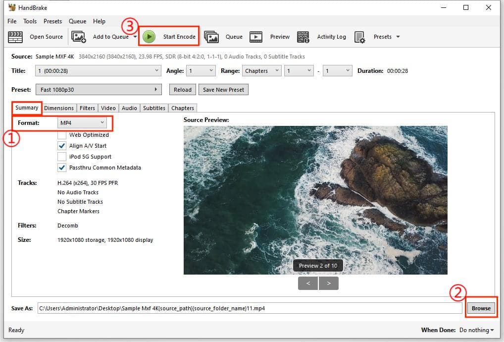 convert mxf to MP4 in HandBrake