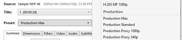 HandBrake preset for production