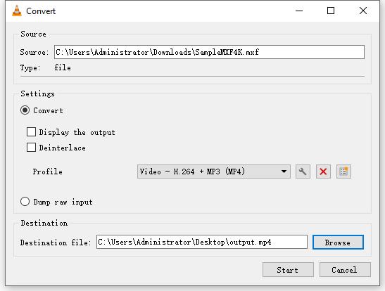 VLC convert MXF to MP4