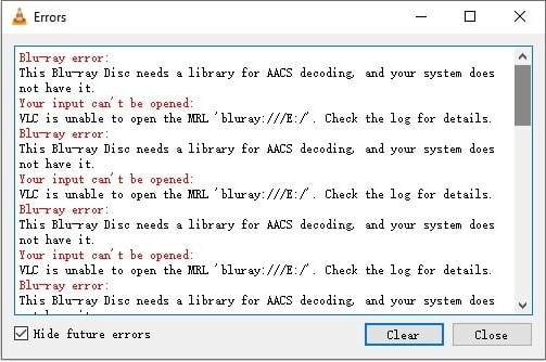 VLC blu-ray errors message