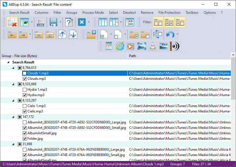 the Search Result tab in AllDup showing five sets of duplicates