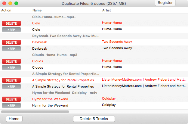 a screen in Dupe Away showing five sets of duplicates