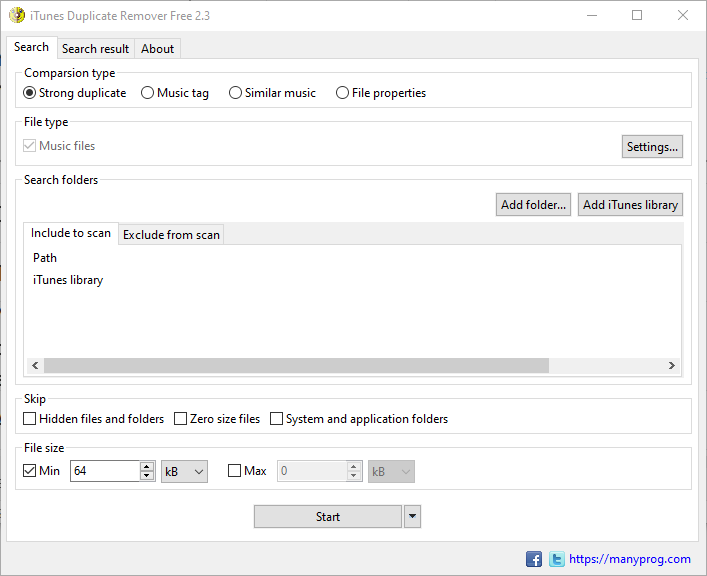 the Search tab in ManyProg iTunes Duplicate Remover Free showing four comparison options