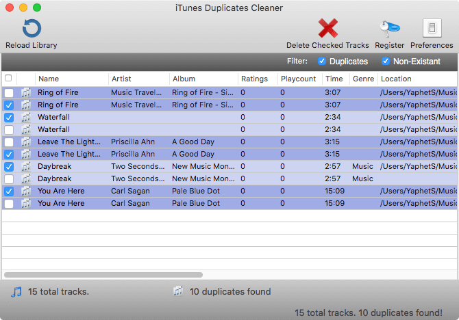a screen in iTunes Duplicates Cleaner showing five sets of duplicates