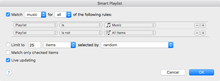 a Smart Playlist dialog showing two rules