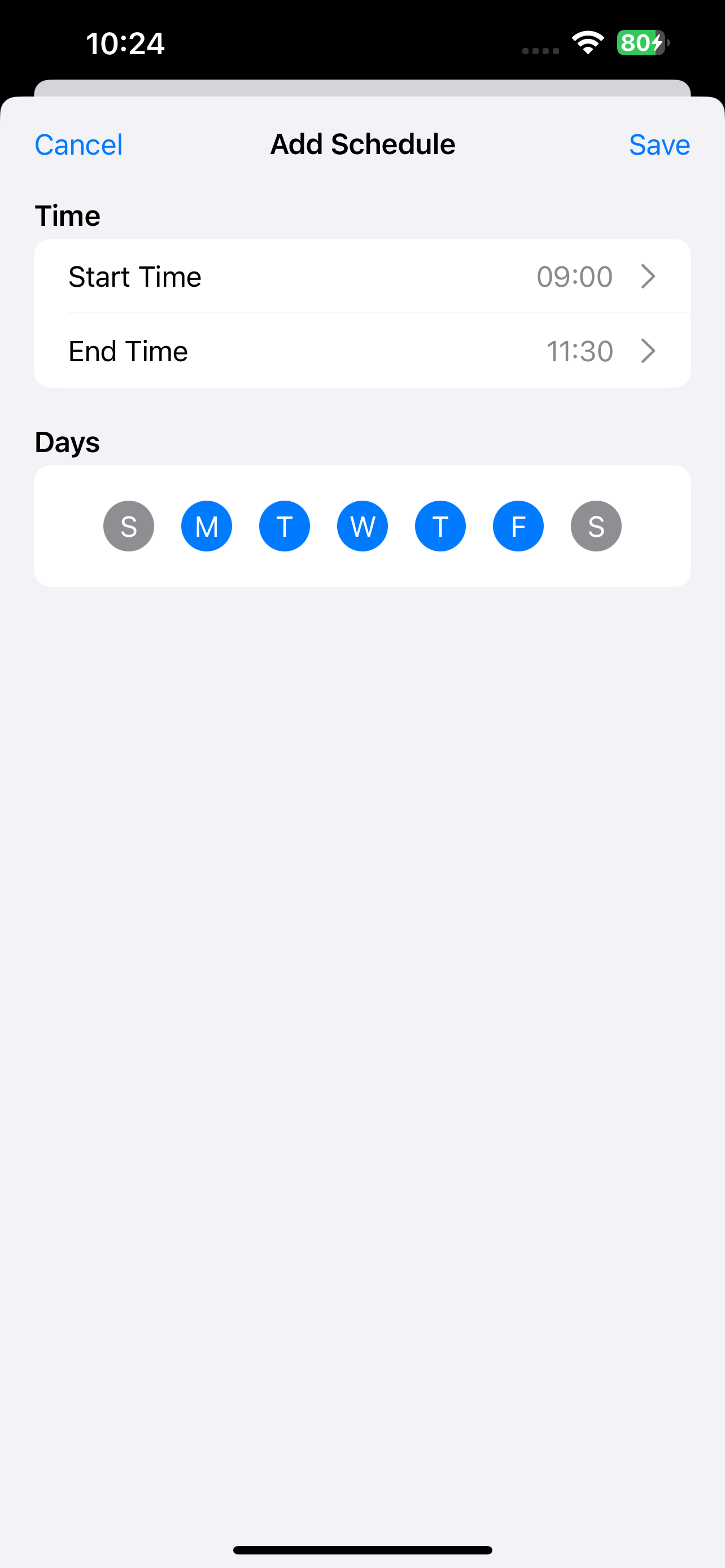 Add Schedule screen showing a Time section and Days section