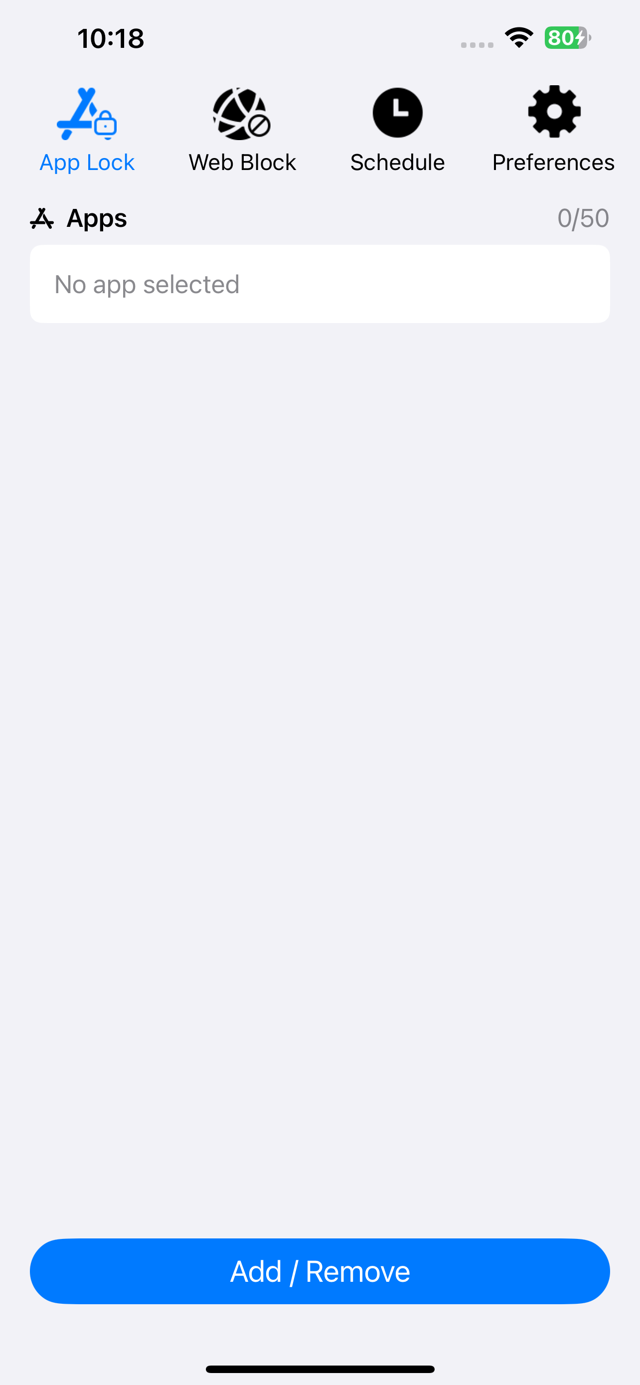 App Lock tab showing an Add / Remove button