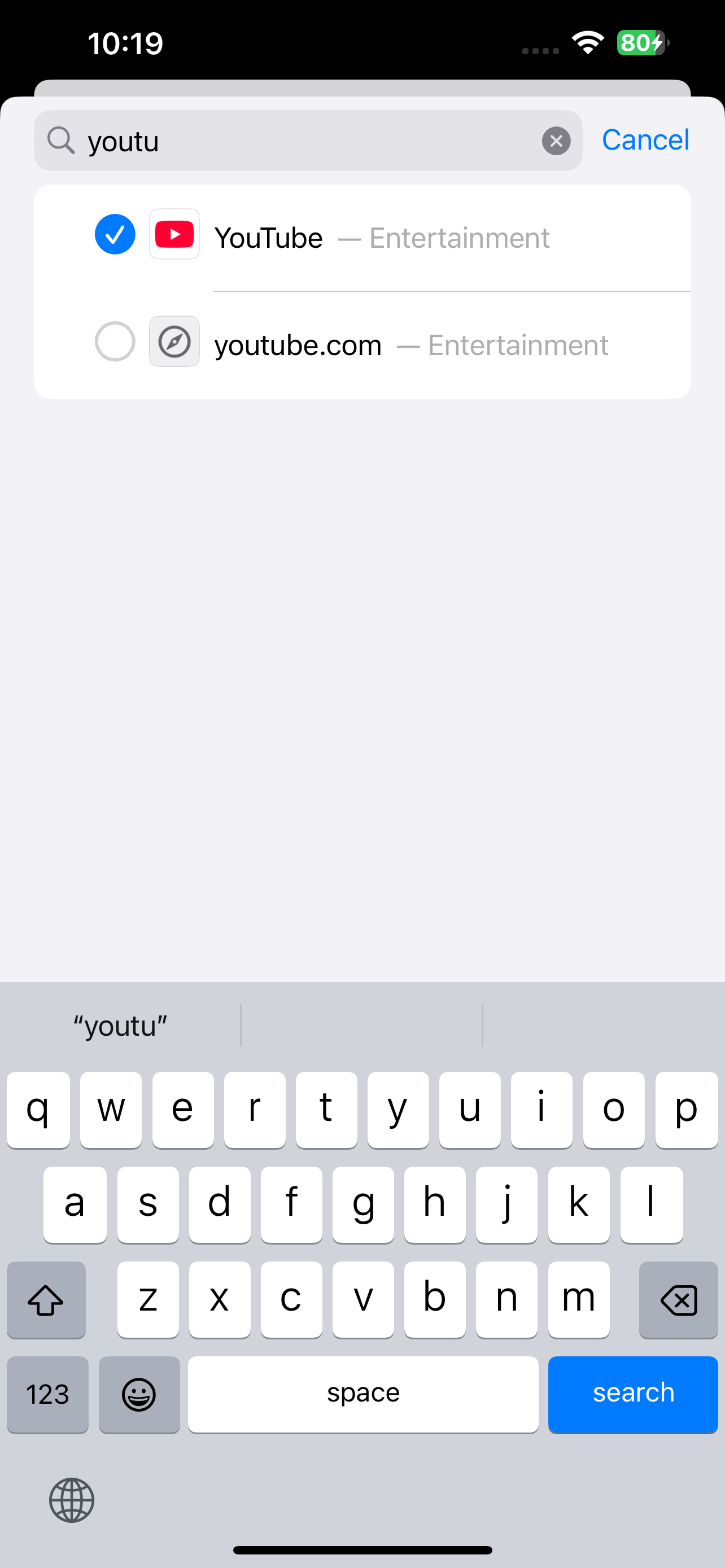 a screen showing that YouTube is selected