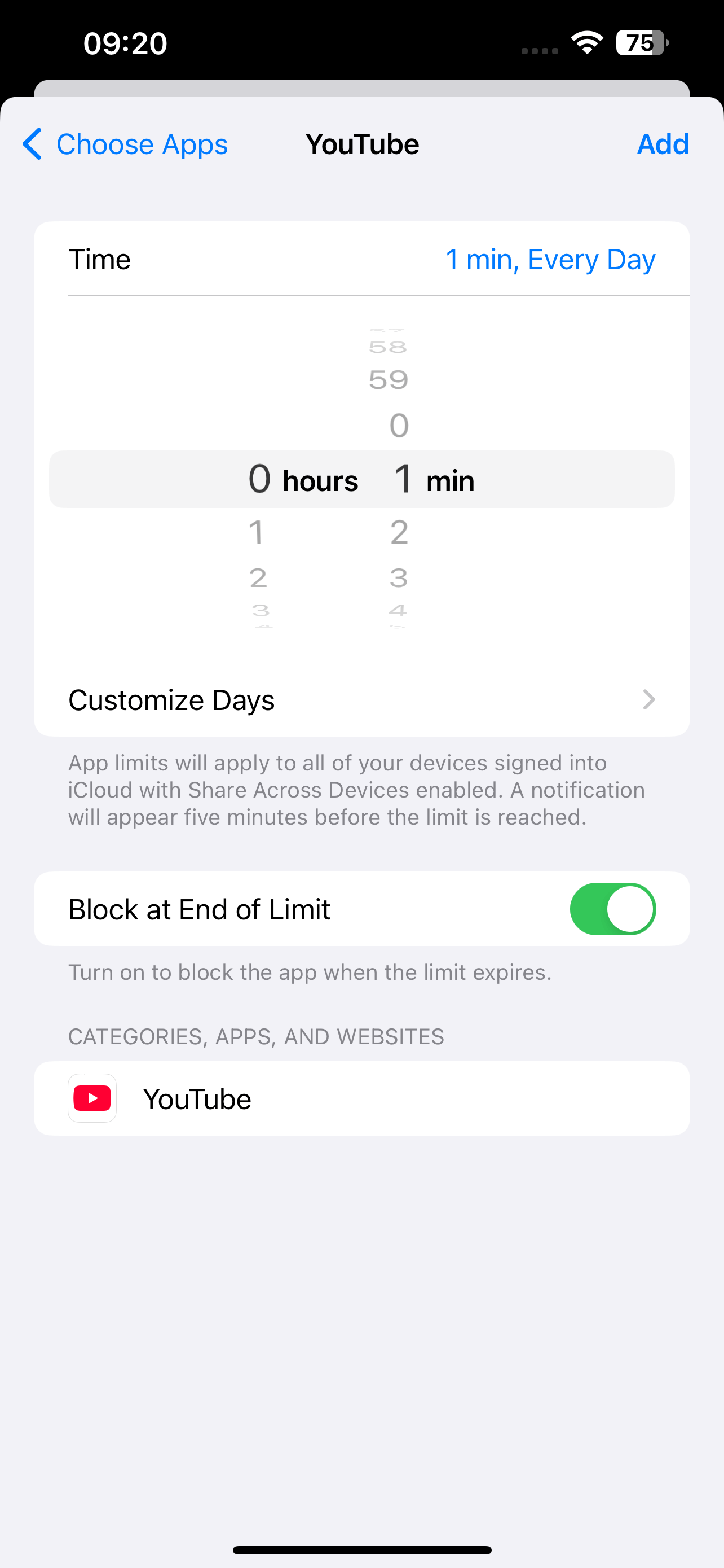 a screen showing "1 min, Every Day", Blocked at End of Limit, etc.