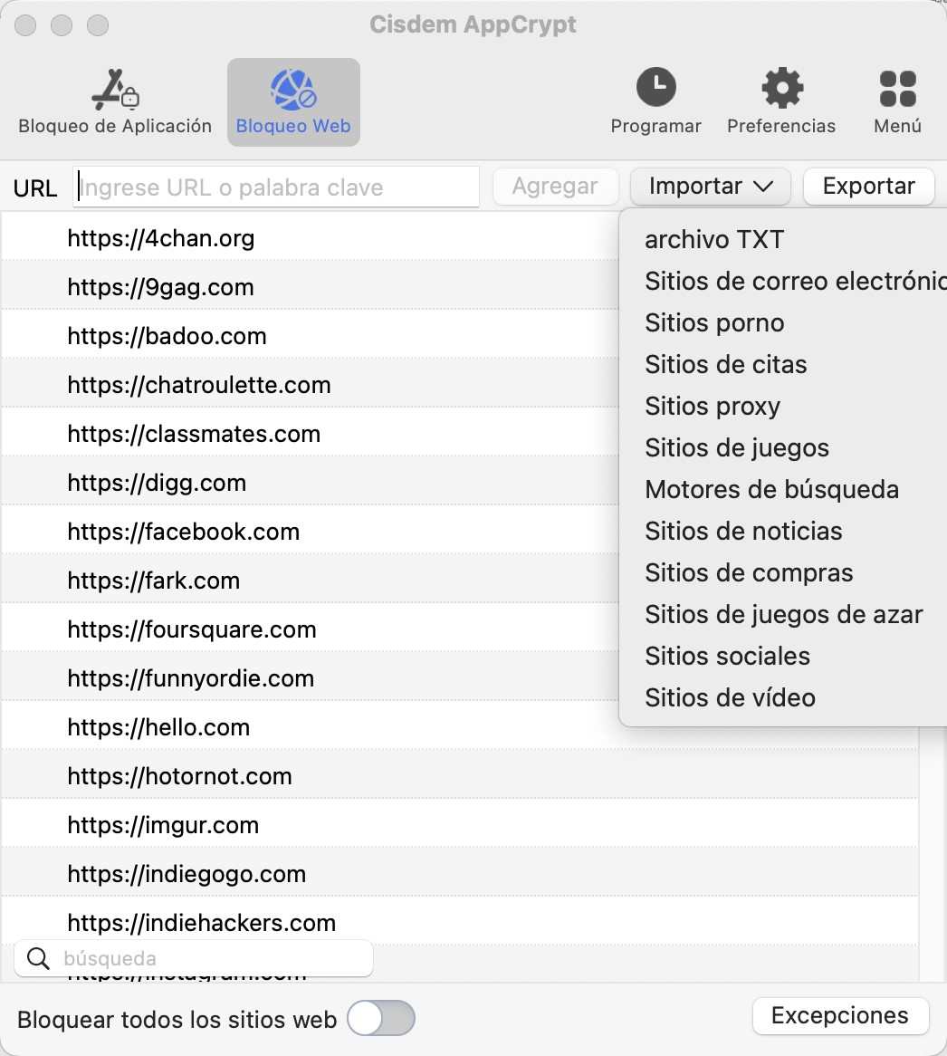 añadir sitios para bloquear