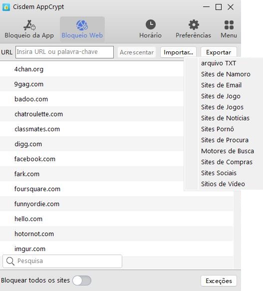 adicionar sites para bloquear
