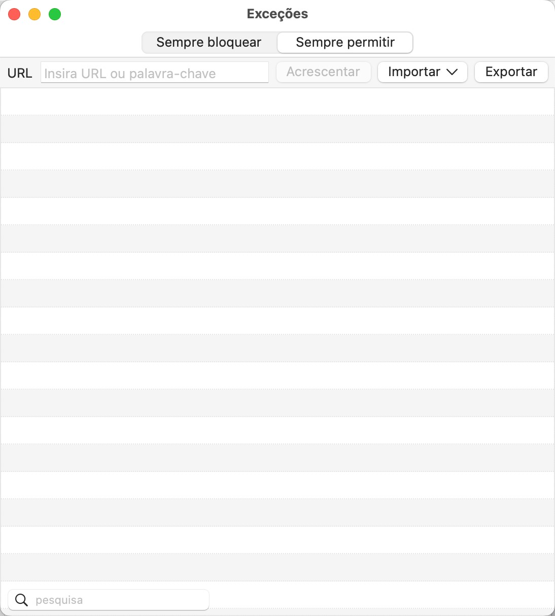 na aba Sempre Bloquear na janela Exceções, um site de apostas é adicionado para bloquear