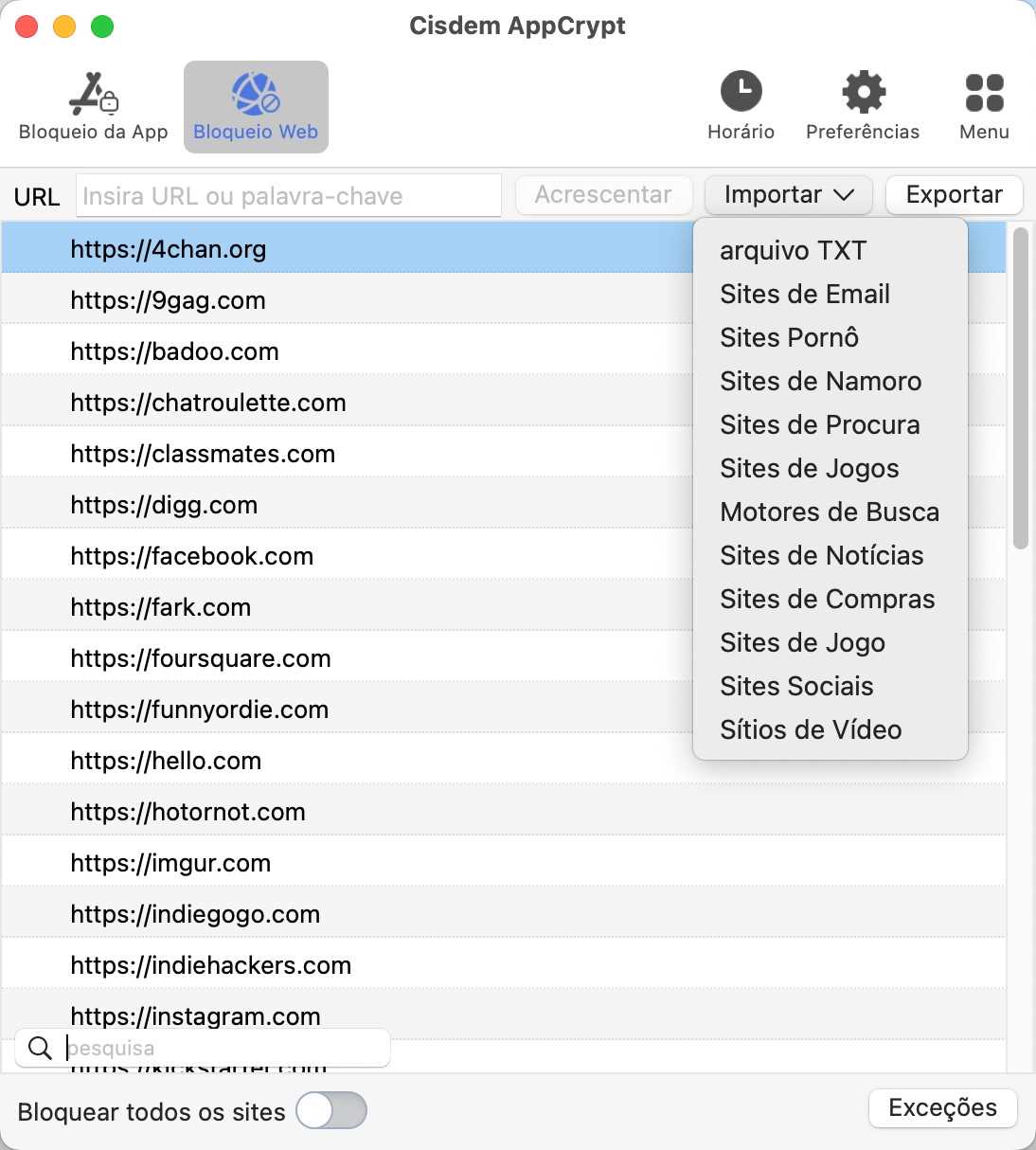 adicione youtube.com à lista de bloqueio