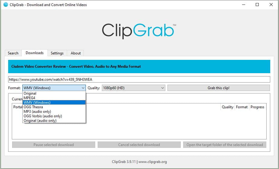 ClipGrab YouTube to WMV converter