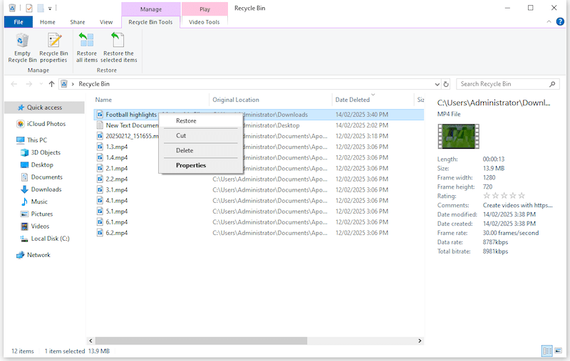restore clipchamp bin