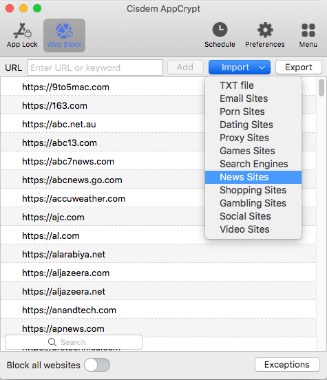 the Web Block tab showing an Import dropdown menu and a list of blocked news websites