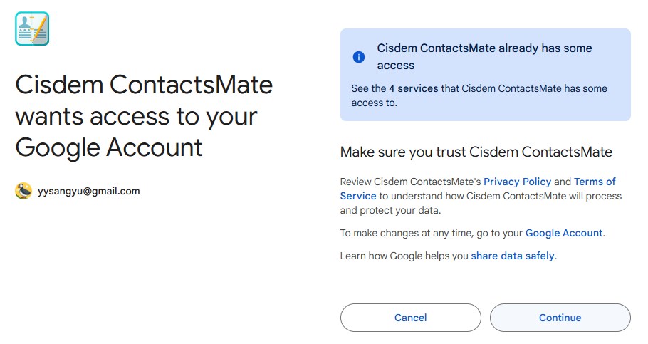Cisdem ContactsMate want to access to your account