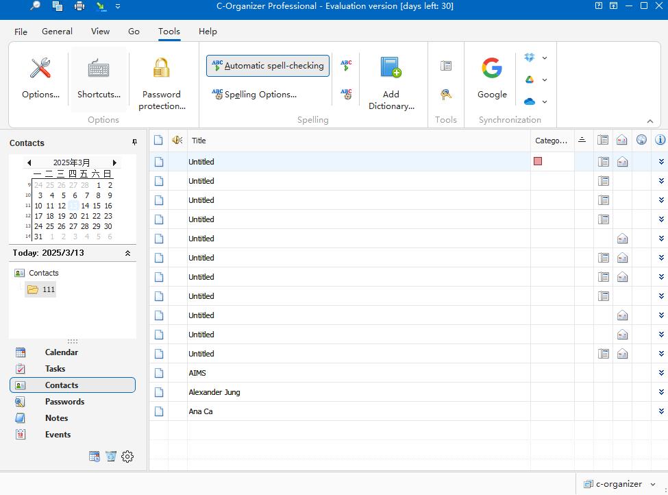 C-Organizer Contacts tab