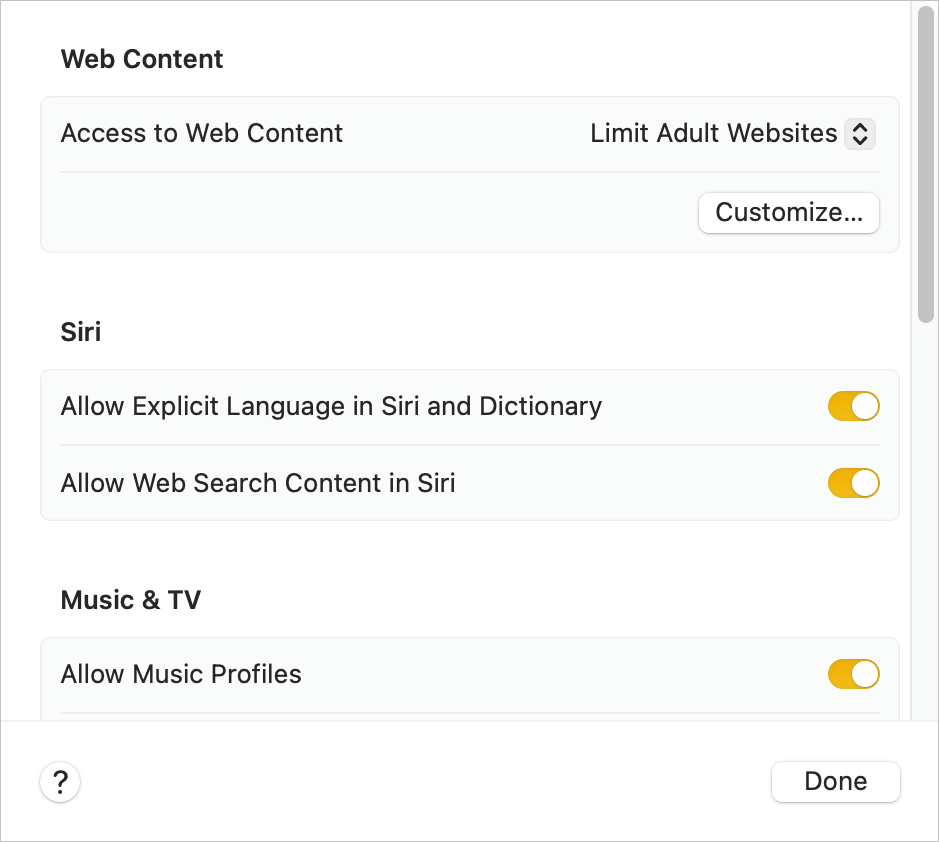 Web Content section showing a pop-up menu and a Customize button