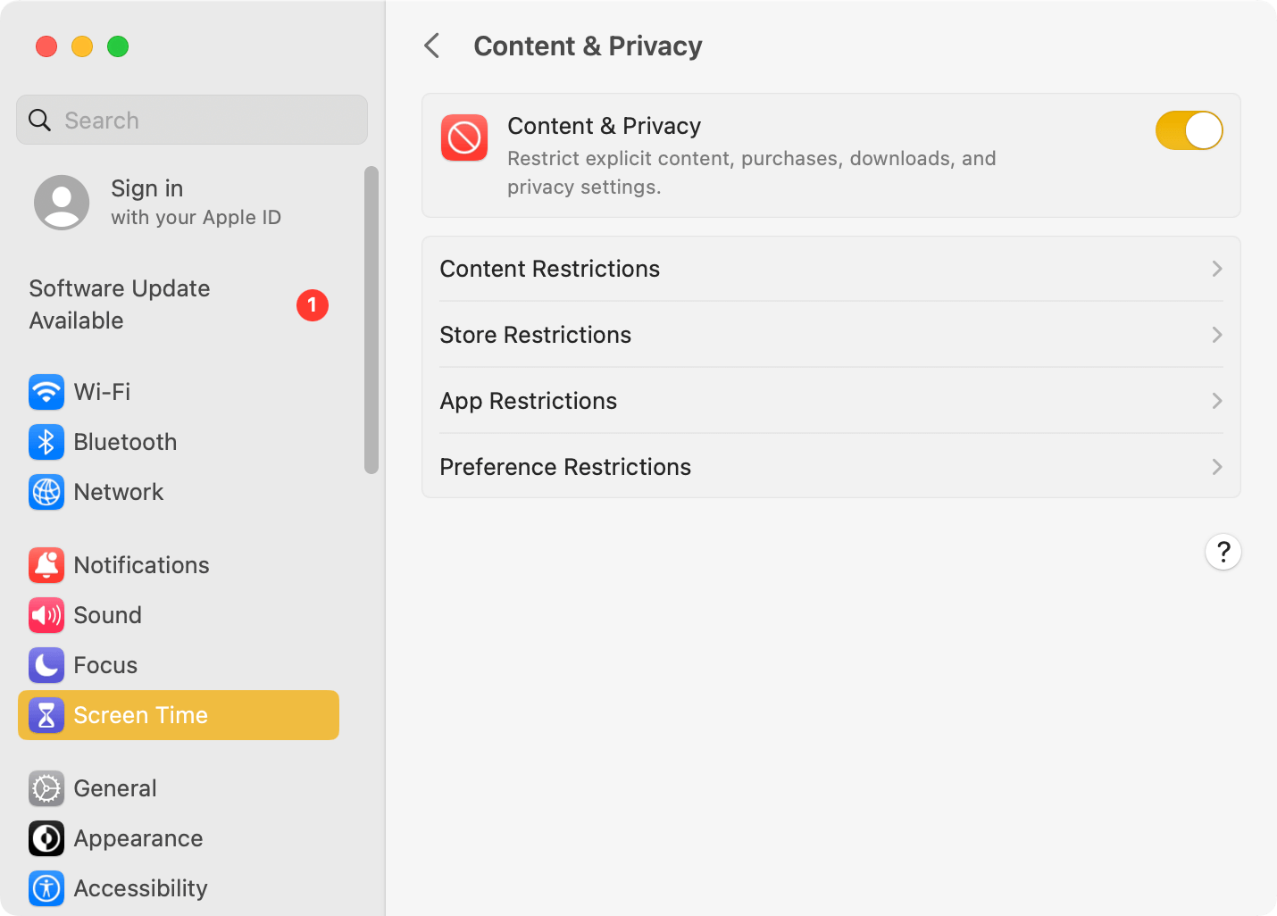 Content & Privacy screen showing Content Restrictions, Store Restrictions, and two more categories