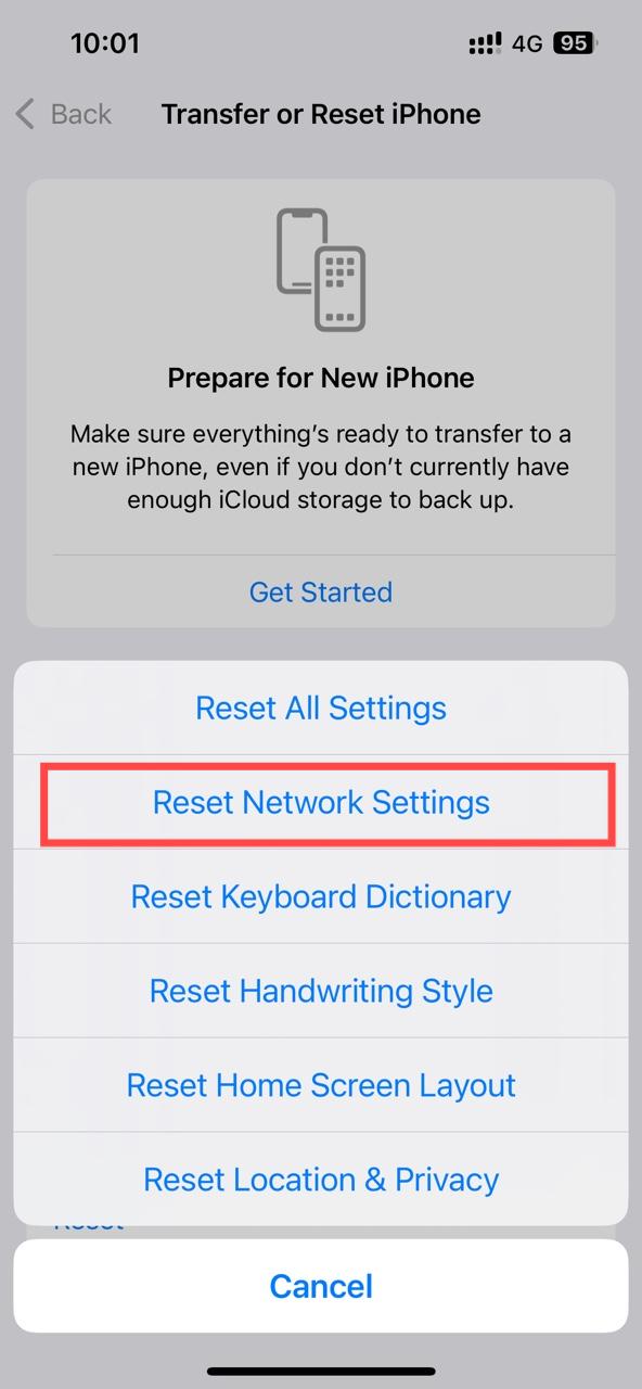 reset network settings on iPhone