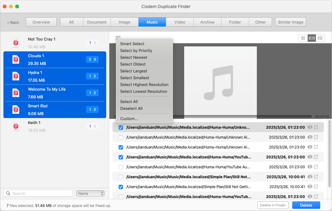 Cisdem Duplicate Finder interface showing several sets of duplicate songs and a list of selection rules