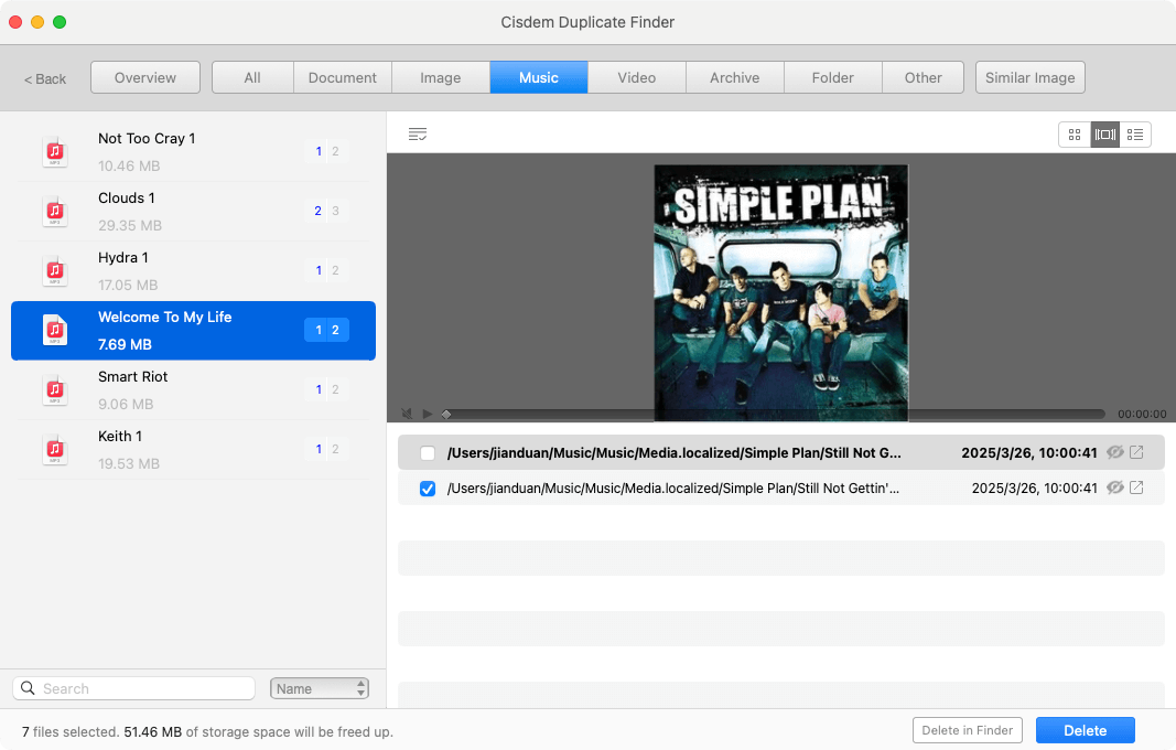 Cisdem Duplicate Finder interface showing several sets of duplicate songs along with details like an album cover art