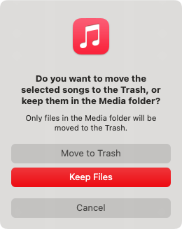 a dialog showing three options, including Move to Trash and Keep Files