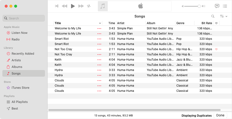 Music Library showing several sets of duplicate songs