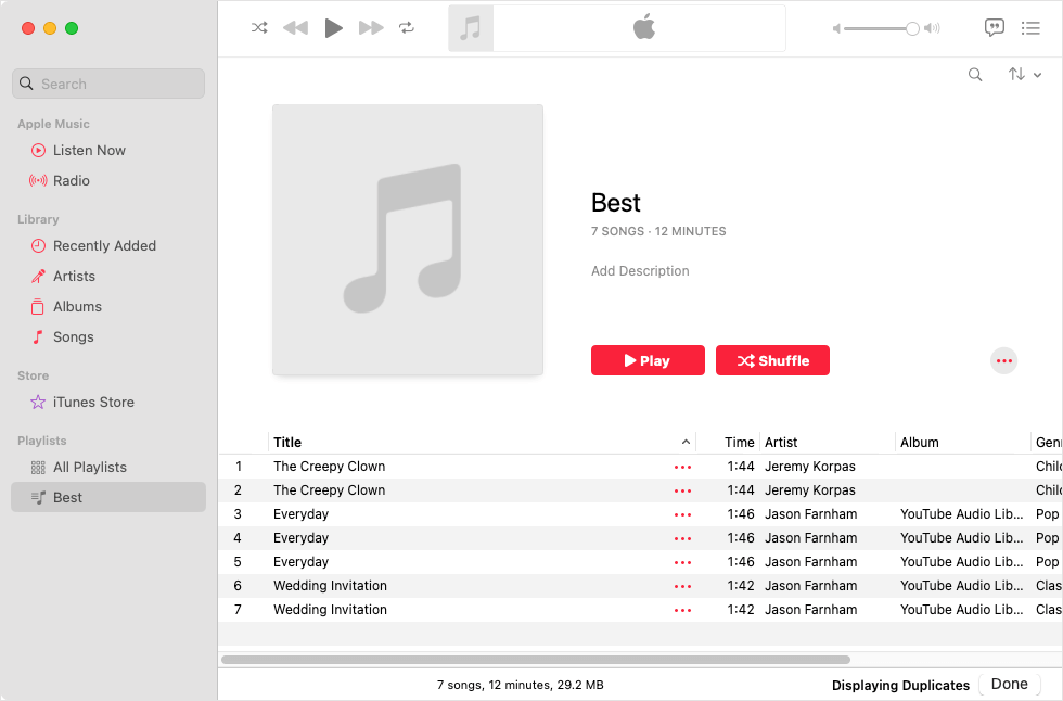a playlist showing three sets of duplicate songs