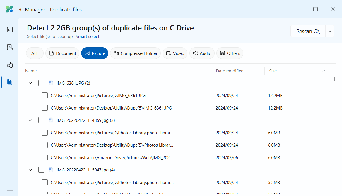 PC Manager app interface showing three sets of duplicate pictures along with information like name, size, and date modified