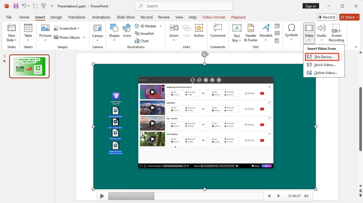 insert youtube video file inside powerpoint