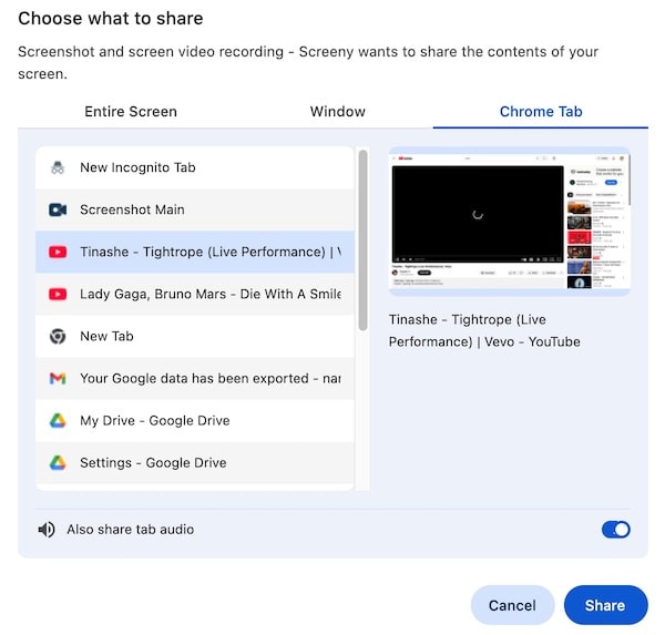choose youtube tab to share