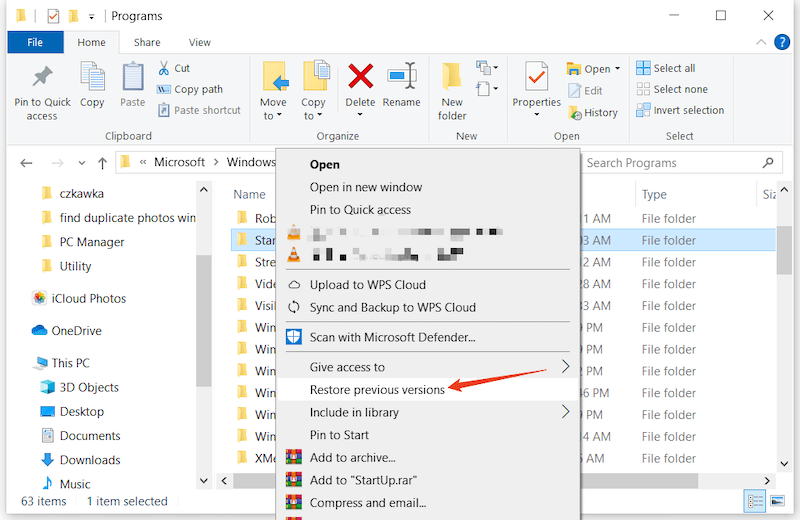 restore startup folder file history