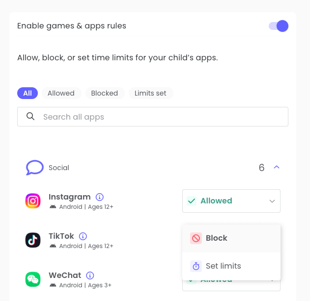 Qustodio interface showing that two social apps are set to be blocked