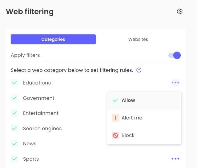 Qustodio interface showing several website categories