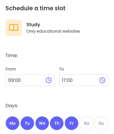 Qustodio interface showing scheduling settings for Study