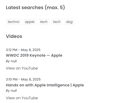 Qustodio interface showing stats on YouTube app activity, including five searches and two videos