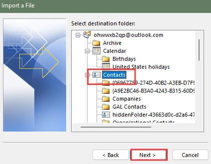 select Contacts folder